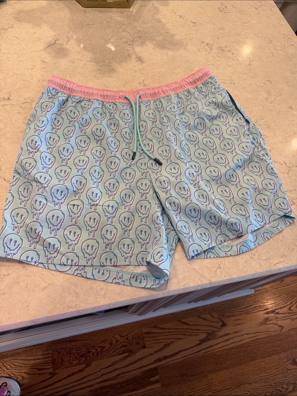 Mens Light Blue Smiley Drip Print Swim Shorts with Pink Waistband